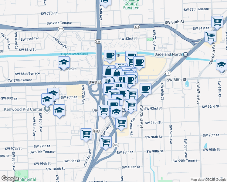 map of restaurants, bars, coffee shops, grocery stores, and more near 7350 Southwest 89th Street in Miami