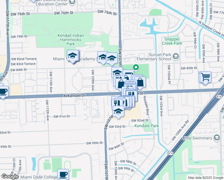 map of restaurants, bars, coffee shops, grocery stores, and more near 10771 North Kendall Drive in Miami