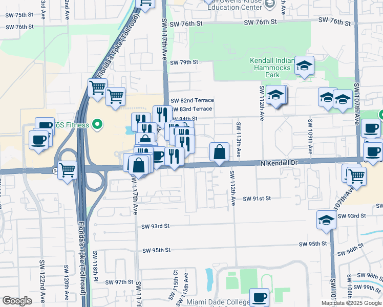 map of restaurants, bars, coffee shops, grocery stores, and more near 11543 North Kendall Drive in Miami
