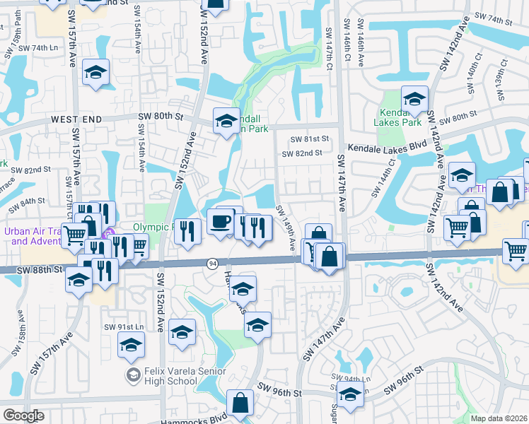 map of restaurants, bars, coffee shops, grocery stores, and more near 8520 Southwest 149th Avenue in Miami