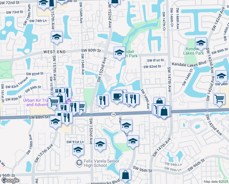 map of restaurants, bars, coffee shops, grocery stores, and more near 8410 Southwest 150th Avenue in Miami