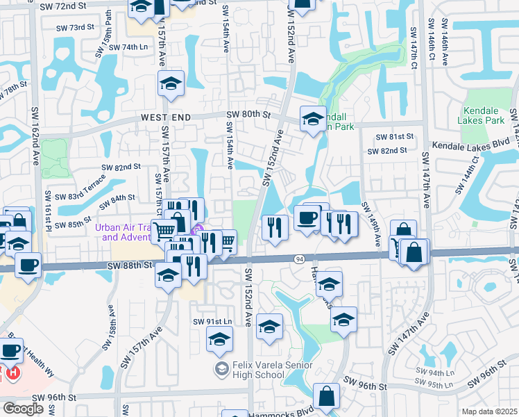 map of restaurants, bars, coffee shops, grocery stores, and more near 8394 Southwest 152nd Avenue Circle in Miami