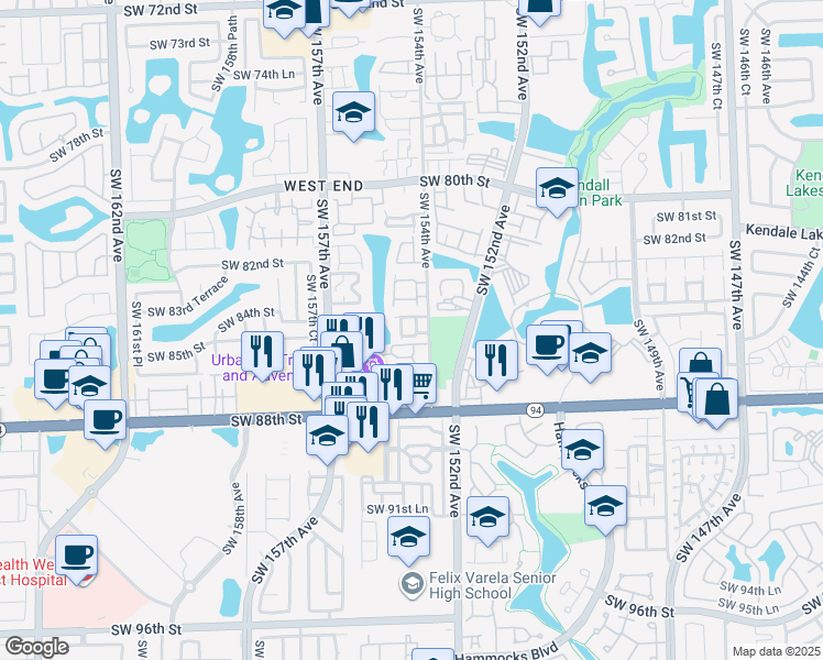 map of restaurants, bars, coffee shops, grocery stores, and more near 8430 Southwest 154th Circle Court in Miami