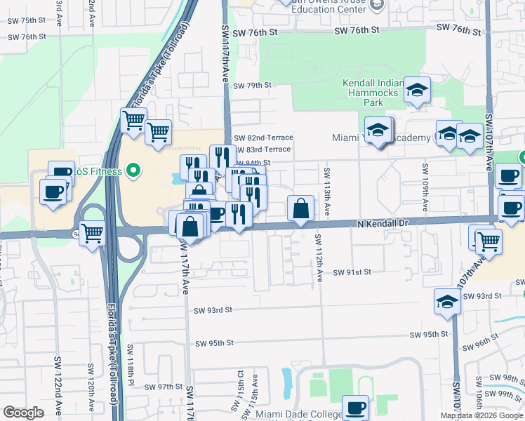 map of restaurants, bars, coffee shops, grocery stores, and more near 11543 North Kendall Drive in Miami