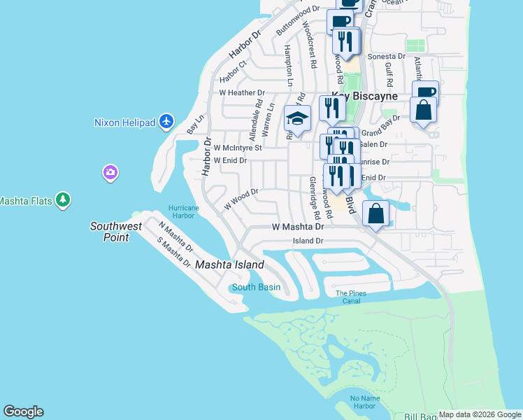 map of restaurants, bars, coffee shops, grocery stores, and more near 775 Curtiswood Drive in Key Biscayne