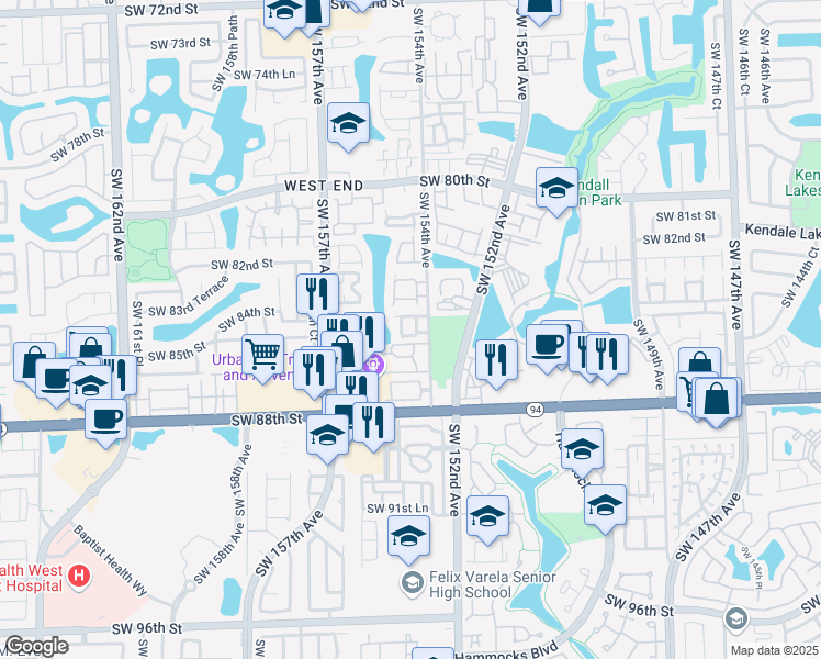 map of restaurants, bars, coffee shops, grocery stores, and more near 8430 Southwest 154th Circle Court in Miami