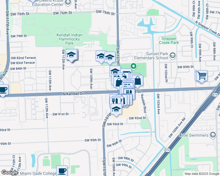 map of restaurants, bars, coffee shops, grocery stores, and more near 10771 Southwest 88th Street in Miami