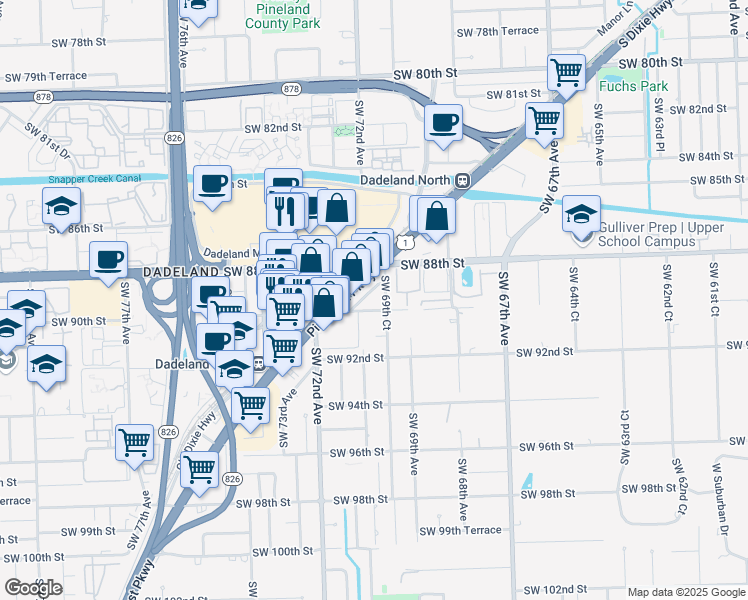map of restaurants, bars, coffee shops, grocery stores, and more near 8950 Southwest 69th Court in Pinecrest