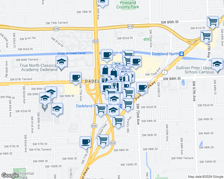 map of restaurants, bars, coffee shops, grocery stores, and more near 8941 Southwest 73rd Place in Miami
