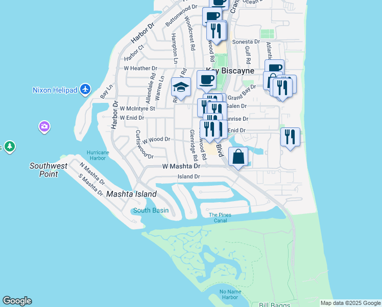 map of restaurants, bars, coffee shops, grocery stores, and more near 748 Glenridge Road in Key Biscayne