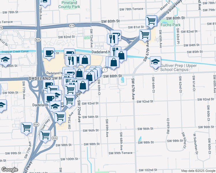 map of restaurants, bars, coffee shops, grocery stores, and more near 8990 Southwest 68th Place in Miami