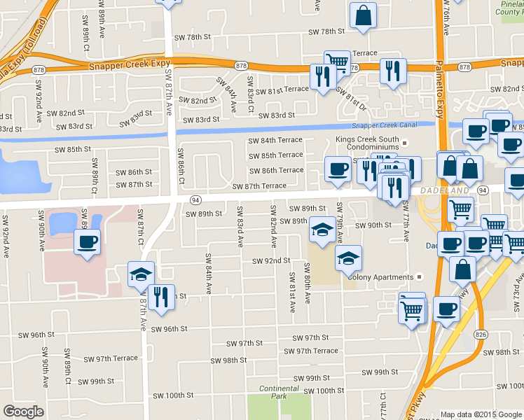 map of restaurants, bars, coffee shops, grocery stores, and more near 8221 Southwest 89th Street in Miami