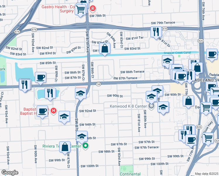 map of restaurants, bars, coffee shops, grocery stores, and more near 8375 Southwest 89th Street in Miami