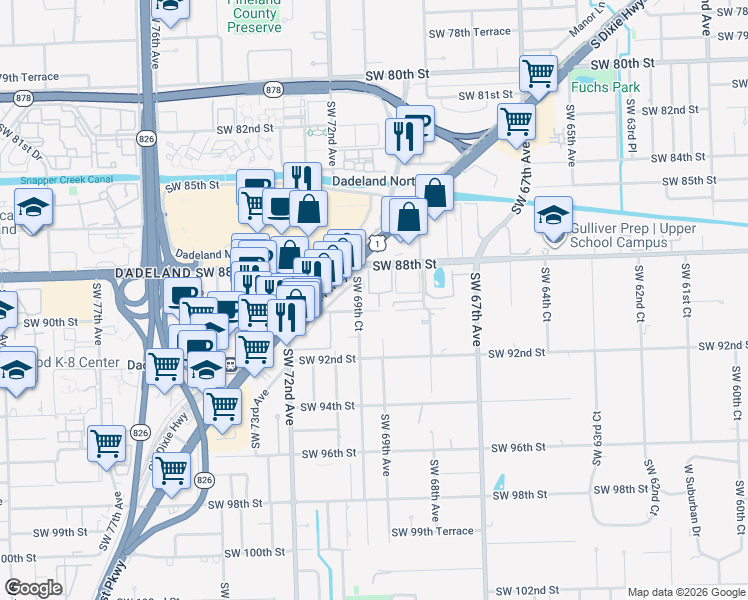 map of restaurants, bars, coffee shops, grocery stores, and more near 8990 Southwest 68th Place in Miami