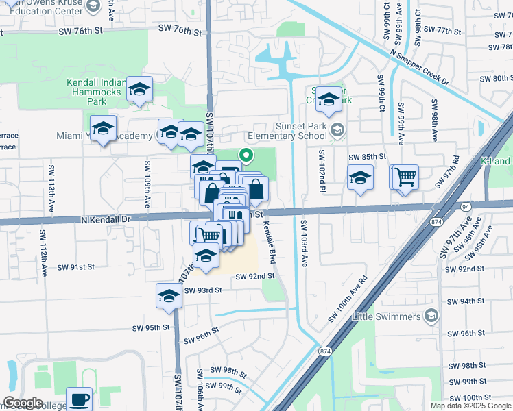 map of restaurants, bars, coffee shops, grocery stores, and more near 10491 Florida 94 in Miami