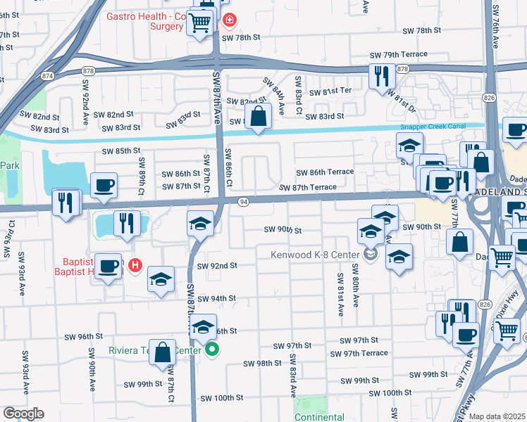 map of restaurants, bars, coffee shops, grocery stores, and more near 8375 Southwest 89th Street in Miami