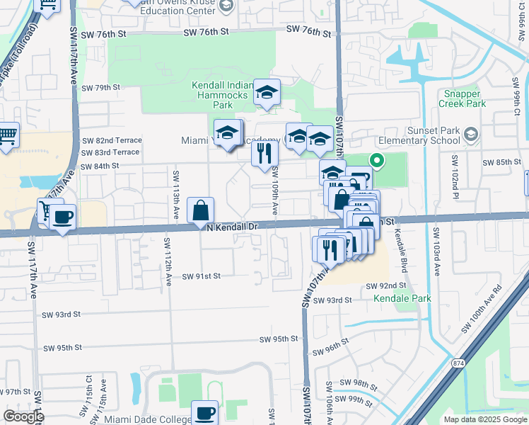 map of restaurants, bars, coffee shops, grocery stores, and more near 10901 North Kendall Drive in Miami