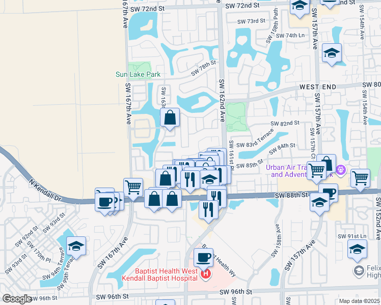 map of restaurants, bars, coffee shops, grocery stores, and more near 16339 Southwest 83rd Lane in Miami