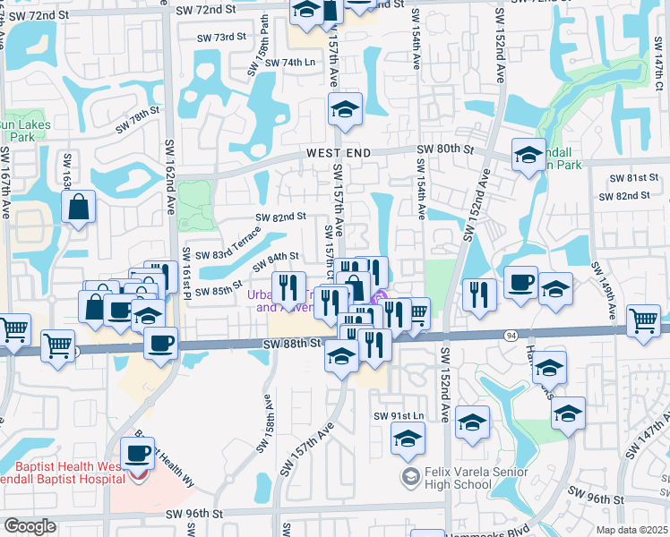 map of restaurants, bars, coffee shops, grocery stores, and more near 8459 Southwest 157th Court in Miami