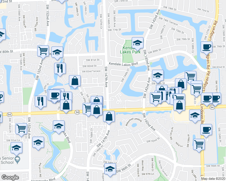 map of restaurants, bars, coffee shops, grocery stores, and more near 8545 Southwest 146th Court in Miami