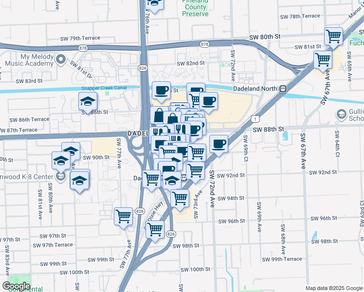 map of restaurants, bars, coffee shops, grocery stores, and more near 7350 Southwest 89th Street in Miami