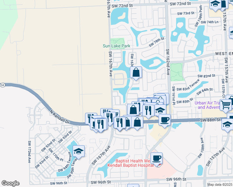 map of restaurants, bars, coffee shops, grocery stores, and more near 16642 Southwest 83rd Lane in Miami