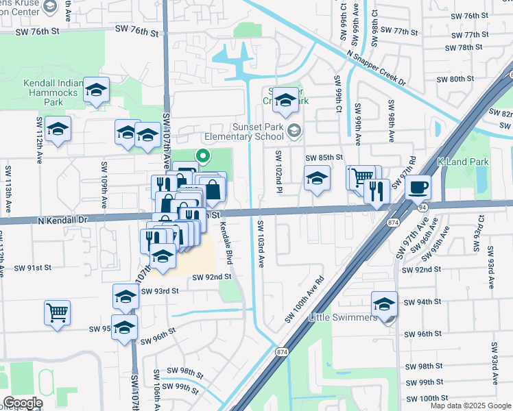map of restaurants, bars, coffee shops, grocery stores, and more near 10301 North Kendall Drive in Miami