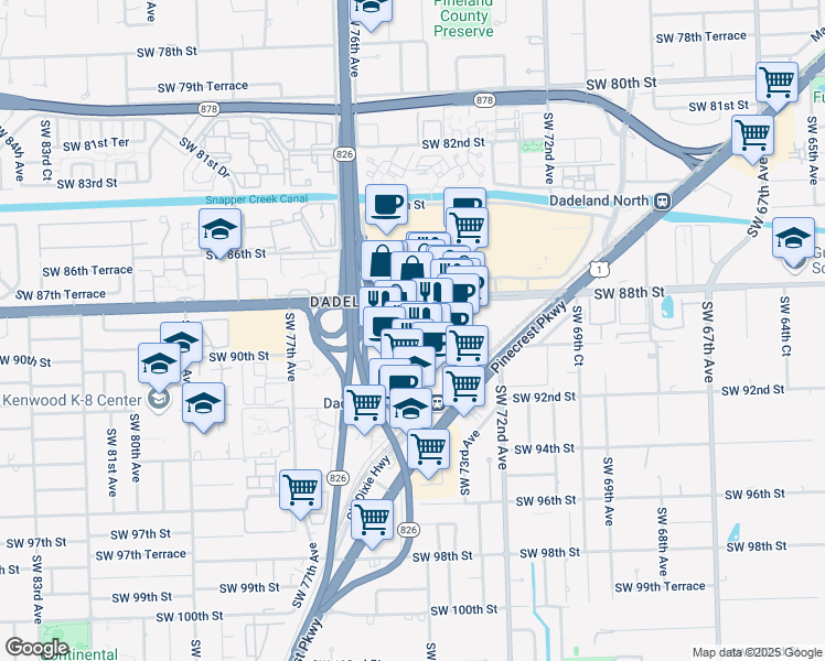 map of restaurants, bars, coffee shops, grocery stores, and more near 7350 Southwest 89th Street in Miami