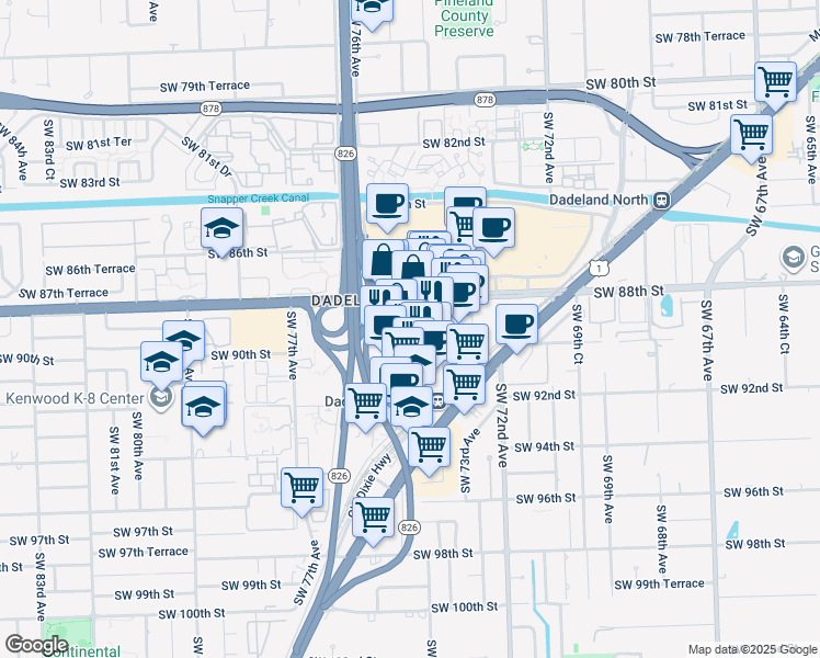 map of restaurants, bars, coffee shops, grocery stores, and more near 7350 Southwest 89th Street in Miami