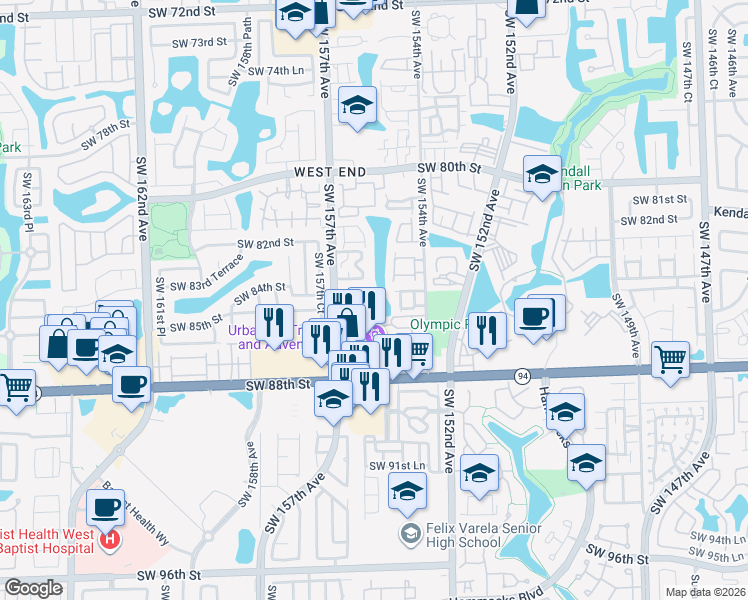 map of restaurants, bars, coffee shops, grocery stores, and more near 201 Southwest 156th Place in Miami