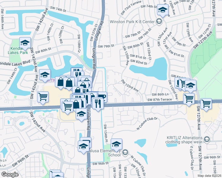 map of restaurants, bars, coffee shops, grocery stores, and more near 8520 Southwest 133rd Avenue in Miami
