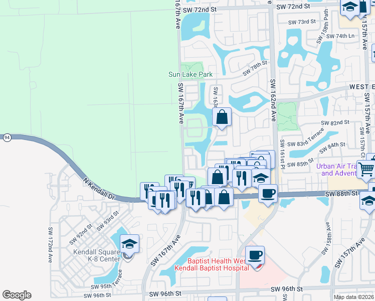 map of restaurants, bars, coffee shops, grocery stores, and more near 16642 Southwest 83rd Lane in Miami