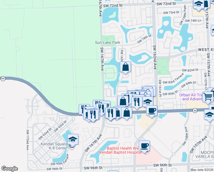 map of restaurants, bars, coffee shops, grocery stores, and more near 16642 Southwest 83rd Lane in Miami