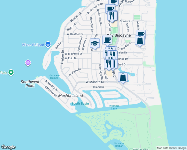 map of restaurants, bars, coffee shops, grocery stores, and more near 760 Ridgewood Road in Key Biscayne