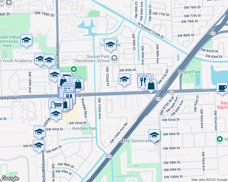 map of restaurants, bars, coffee shops, grocery stores, and more near 10201 North Kendall Drive in Miami