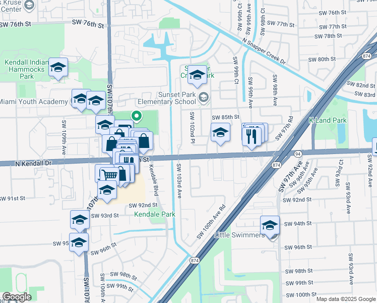 map of restaurants, bars, coffee shops, grocery stores, and more near 10261 North Kendall Drive in Miami