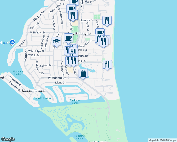 map of restaurants, bars, coffee shops, grocery stores, and more near 749 Crandon Boulevard in Key Biscayne