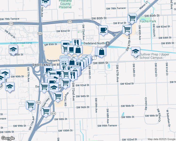 map of restaurants, bars, coffee shops, grocery stores, and more near 8950 Southwest 69th Court in Pinecrest