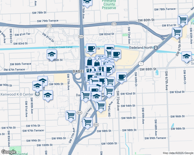 map of restaurants, bars, coffee shops, grocery stores, and more near 7350 Southwest 89th Street in Miami