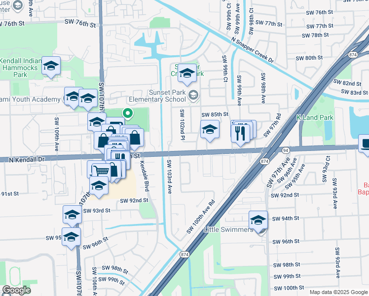 map of restaurants, bars, coffee shops, grocery stores, and more near 10261 North Kendall Drive in Miami
