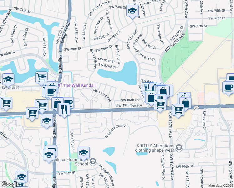 map of restaurants, bars, coffee shops, grocery stores, and more near 8545 Southwest 133rd Court in Miami