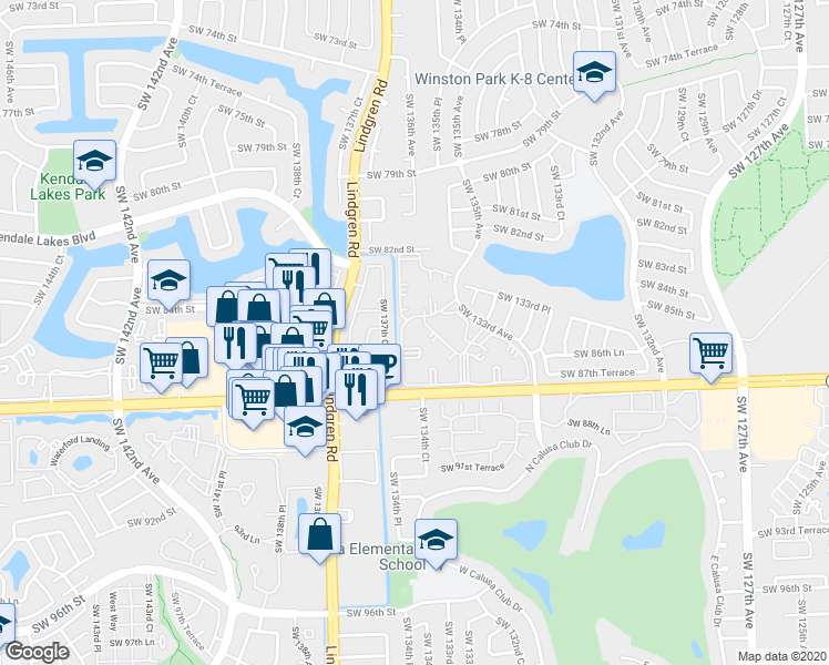 map of restaurants, bars, coffee shops, grocery stores, and more near 8520 Southwest 133rd Avenue in Miami