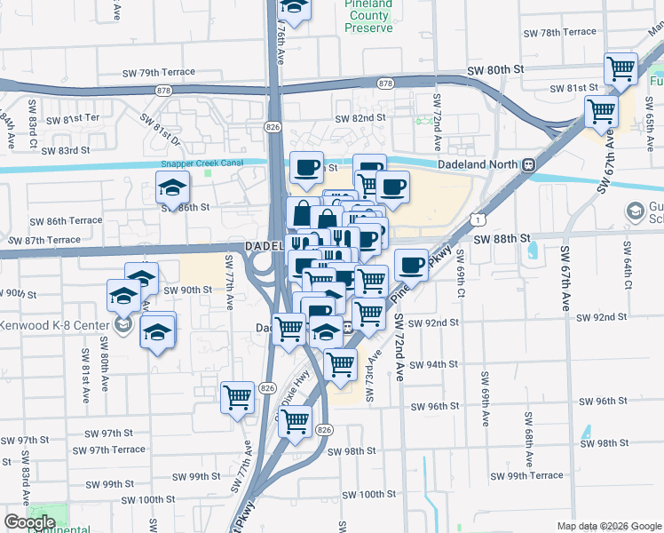 map of restaurants, bars, coffee shops, grocery stores, and more near 7350 Southwest 89th Street in Miami
