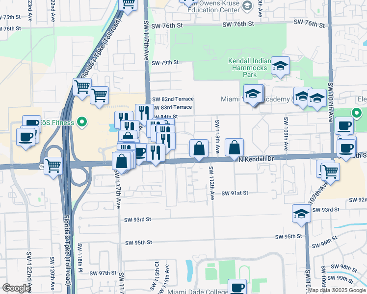 map of restaurants, bars, coffee shops, grocery stores, and more near 11438 Southwest 86th Lane in Miami