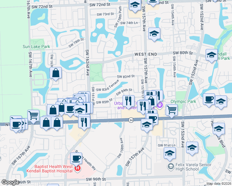 map of restaurants, bars, coffee shops, grocery stores, and more near 15907 Southwest 84th Street in Miami