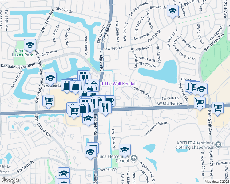 map of restaurants, bars, coffee shops, grocery stores, and more near 8760 Southwest 133rd Avenue Road in Miami