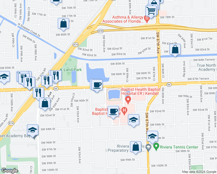 map of restaurants, bars, coffee shops, grocery stores, and more near 8920 North Kendall Drive in Miami