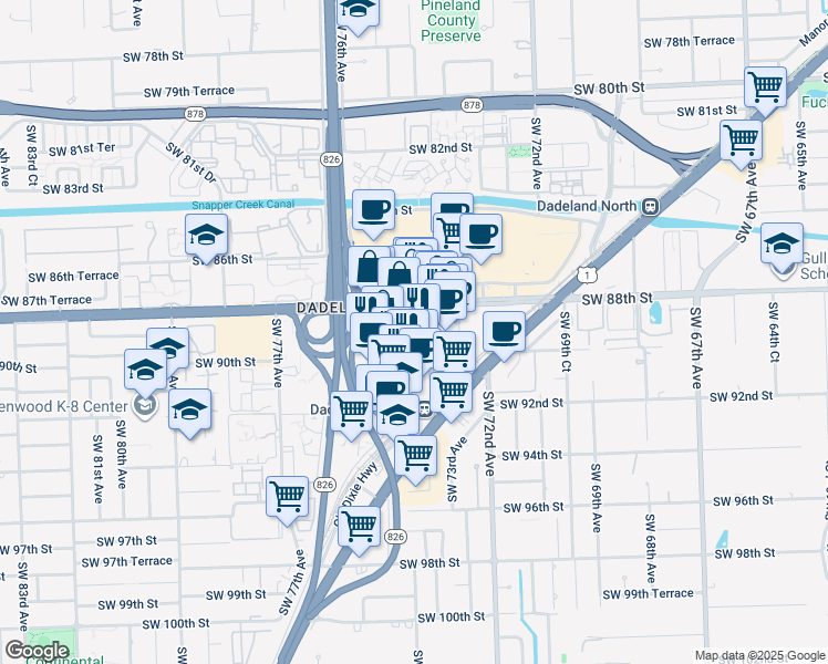 map of restaurants, bars, coffee shops, grocery stores, and more near 7355 Southwest 89th Street in Kendall