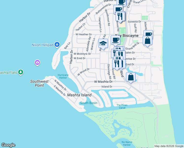 map of restaurants, bars, coffee shops, grocery stores, and more near 775 Curtiswood Drive in Key Biscayne
