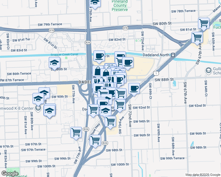 map of restaurants, bars, coffee shops, grocery stores, and more near 7320 Southwest 88th Street in Kendall
